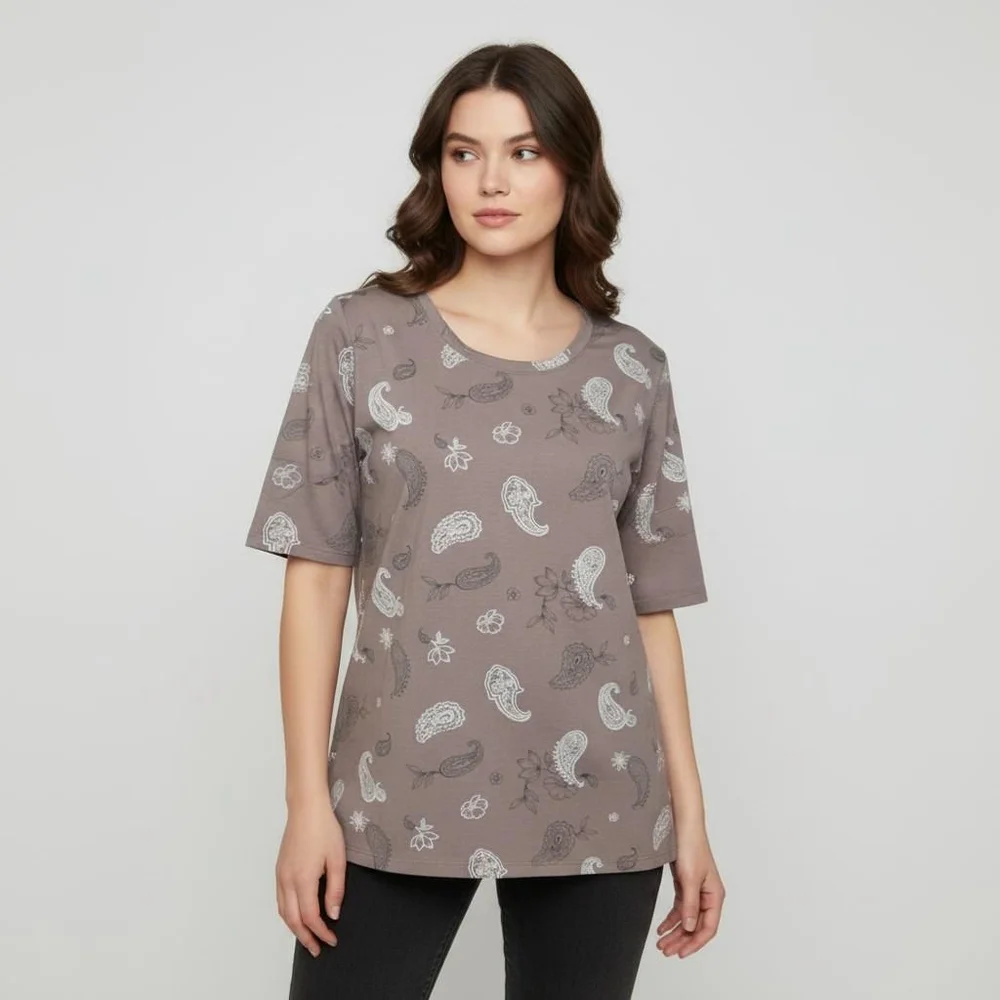 AnyBody XS Brown Paisley Print Split Back T-Shirt